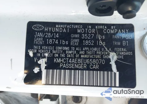 2014 Hyundai Accent Gls z USA, uszkodzony, nr VIN KMHCT4AE8EU658070